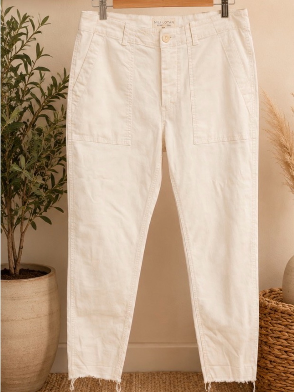Nili Lotan Jenna Utility Pants -/White Raw Hem Made in USA Sz 4 waist 16’